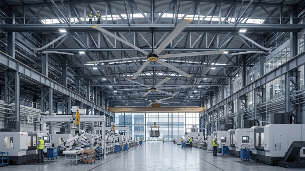 Technische Audit-Visualisierung: Ein massiver Industrie-Deckenventilator (HVLS) mit speziellen 6063-T6 Aluminiumprofilen arbeitet über einer Fabrik. Der Direktantriebs-PMSM-Motor bewältigt die thermische Schichtung über der ausgedehnten Stahlfachwerkkonstruktion und dem Bearbeitungszentrumsbereich, während Werksmitarbeiter die Produktion von einer Hochplateau-Plattform aus überwachen.